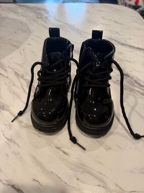 Kids Black Patent Lace-Up Ankle Boots